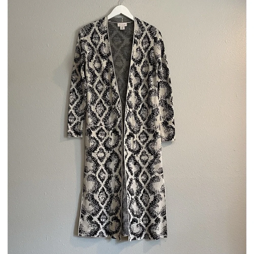 100% Cotton‎ Longline Maxi Duster Cardigan Black Cream Geometric Print S